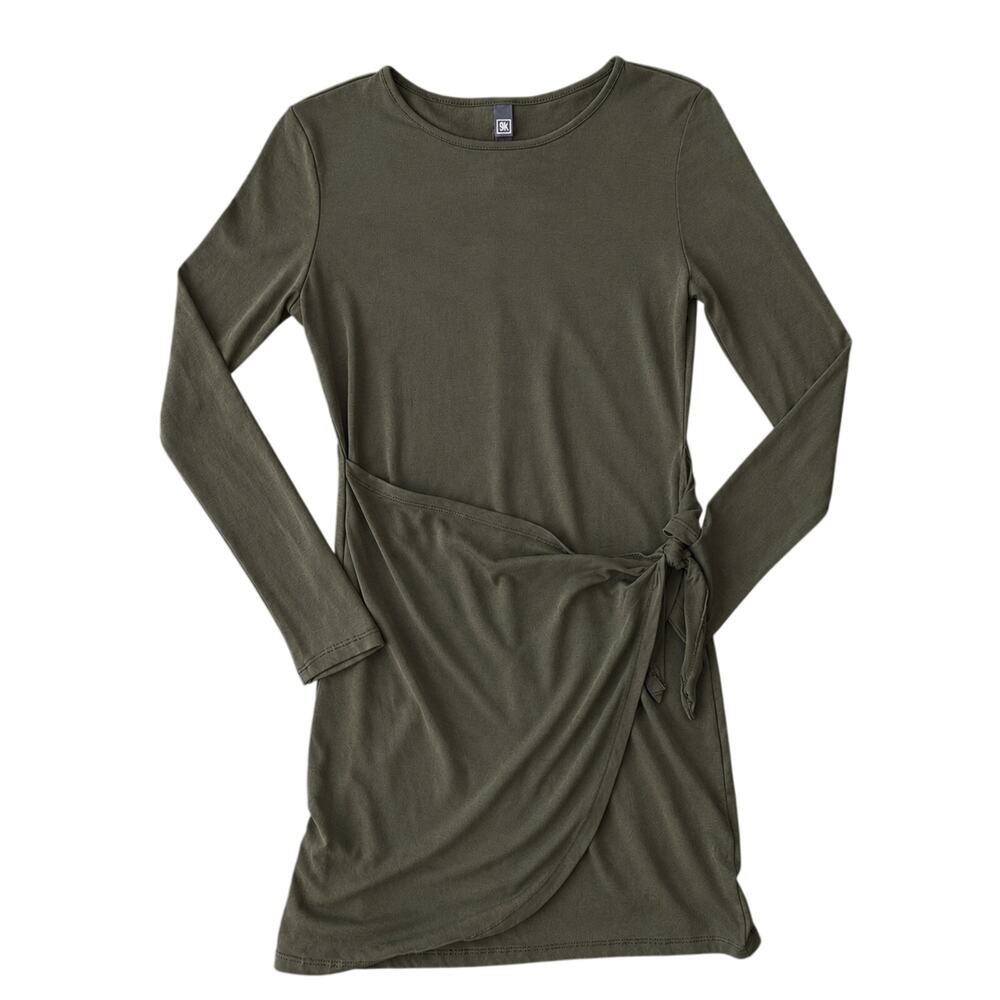 Women’s Fall Alya Olive Green Long Sleeve Wrap-Tie Dress-Size XS